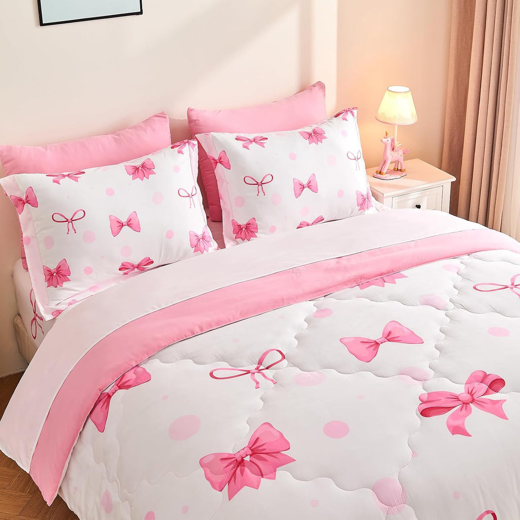 7 Piece Pink Bow Bedding Set for Girls Kids Twin Comforter Set with Sheet and 2 Pillowcases 2 Pillow Shams Cute Girls