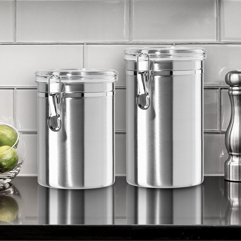 Stainless Steel Kitchen Canister 62 fl oz - Airtight Clamp Lid, Clear See-Thru Top - Ideal Storage, Food Storage