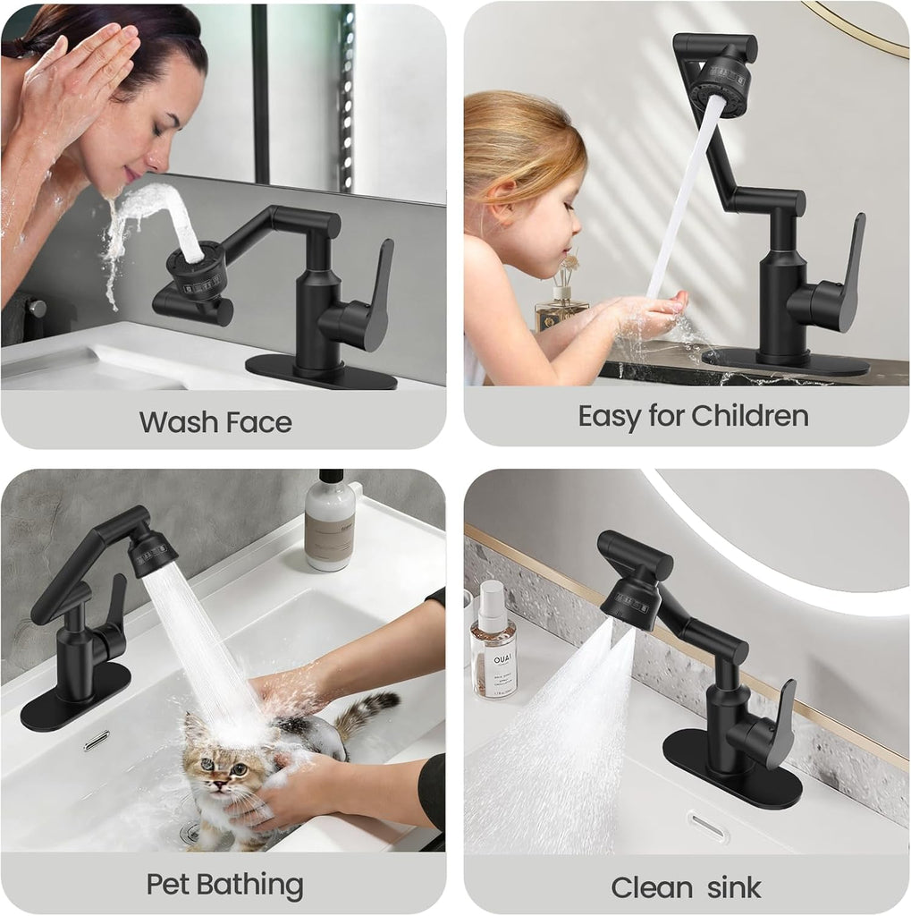 Bathroom Sink Faucet, FunnyAir Stainless Steel 1080° Rotatable Faucet for Sink 1 Hole or 3 Holes