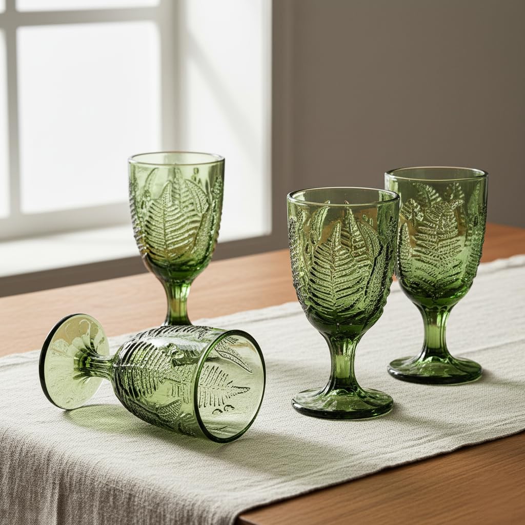 Green Glass Goblets Set of 4, 10 oz Hand-Pressed Vintage Glassware, Textured Fern Embossed Drinking Glasses, Boho