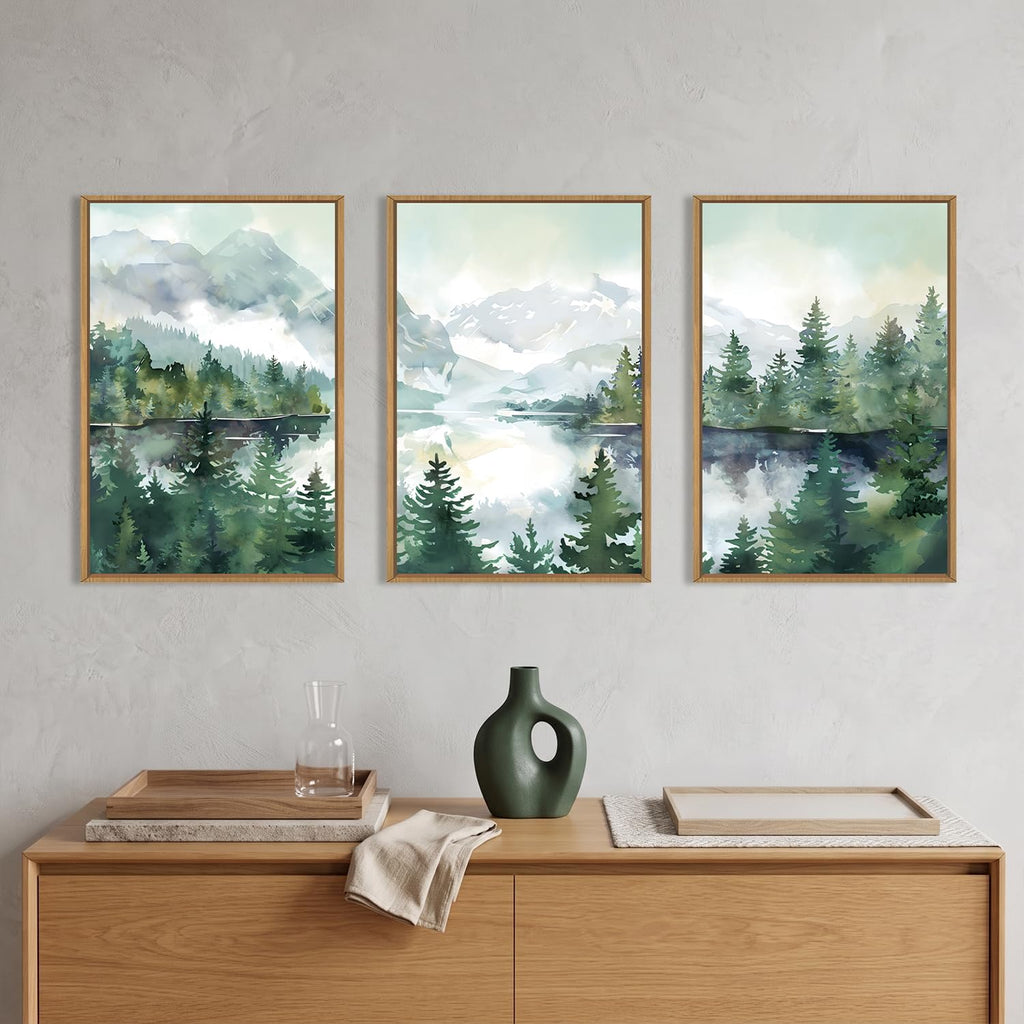 Watercolor Mountain Forest Framed Canvas Wall Art Set-16"x24"x3