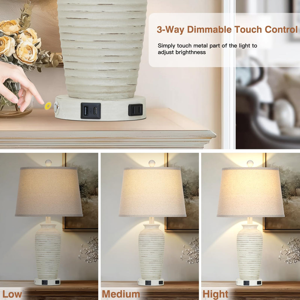 25" Retro White Farmhouse Jar Table Lamps Set of 2, 3 Way Touch Control Rustic Bedside Lamps with USB A+C Ports & AC