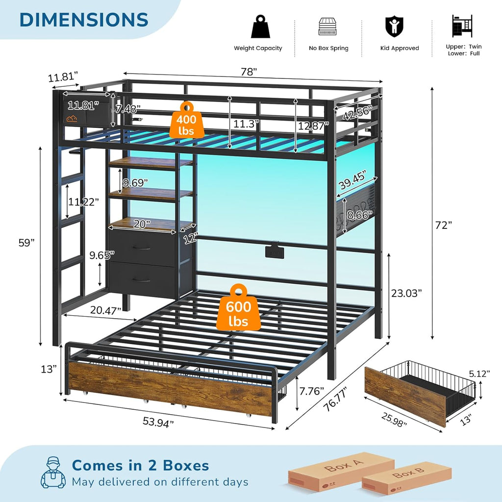 Twin Over Full Bunk Bed with 4 Storage Drawers and Bookshelf, Metal Bunk Beds with LED Lights, Charging Station
