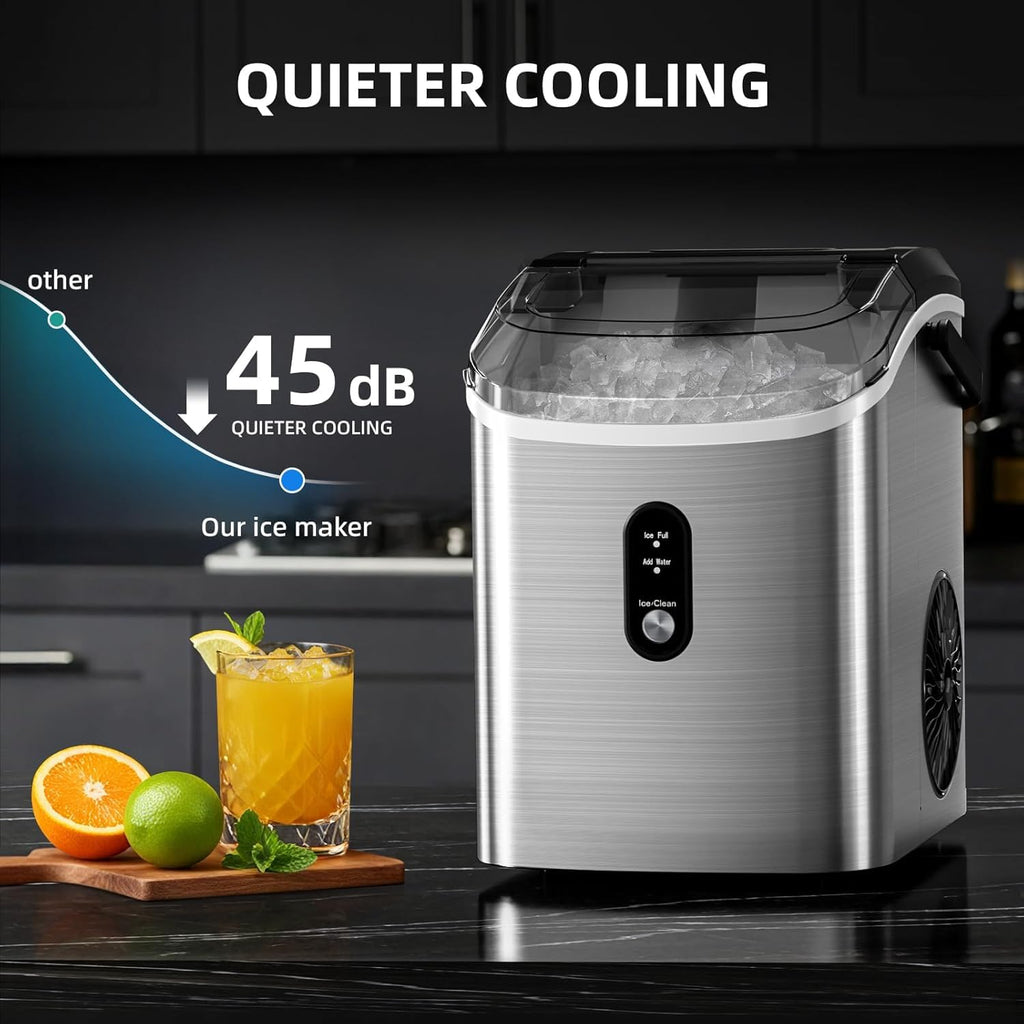 Nugget Ice Maker Countertop with Soft Chewable Ice, Portable Sonic Ice Maker with Basket and Scoop, Removable Top