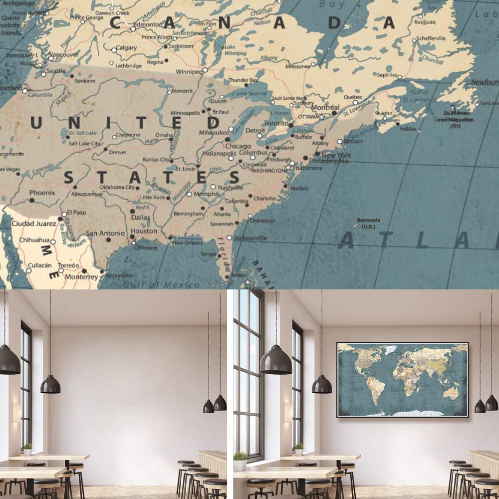 Large Office Wall Decoration Retro Detailed World Map Canvas Print