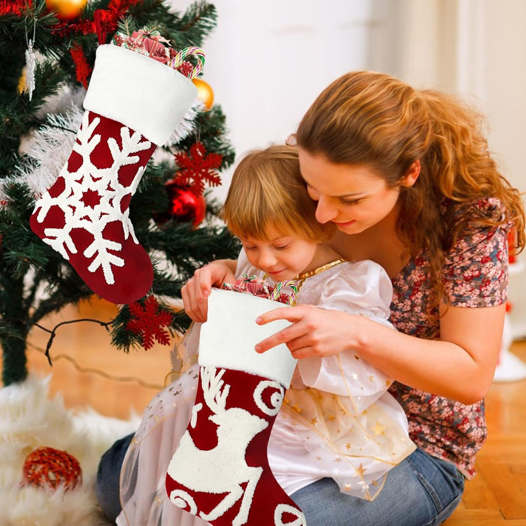 Christmas Stocking Set of 3, 18 Inch Red Christmas Stockings Embroidered Elk Snowflakes Sleigh White Plush Faux Fur