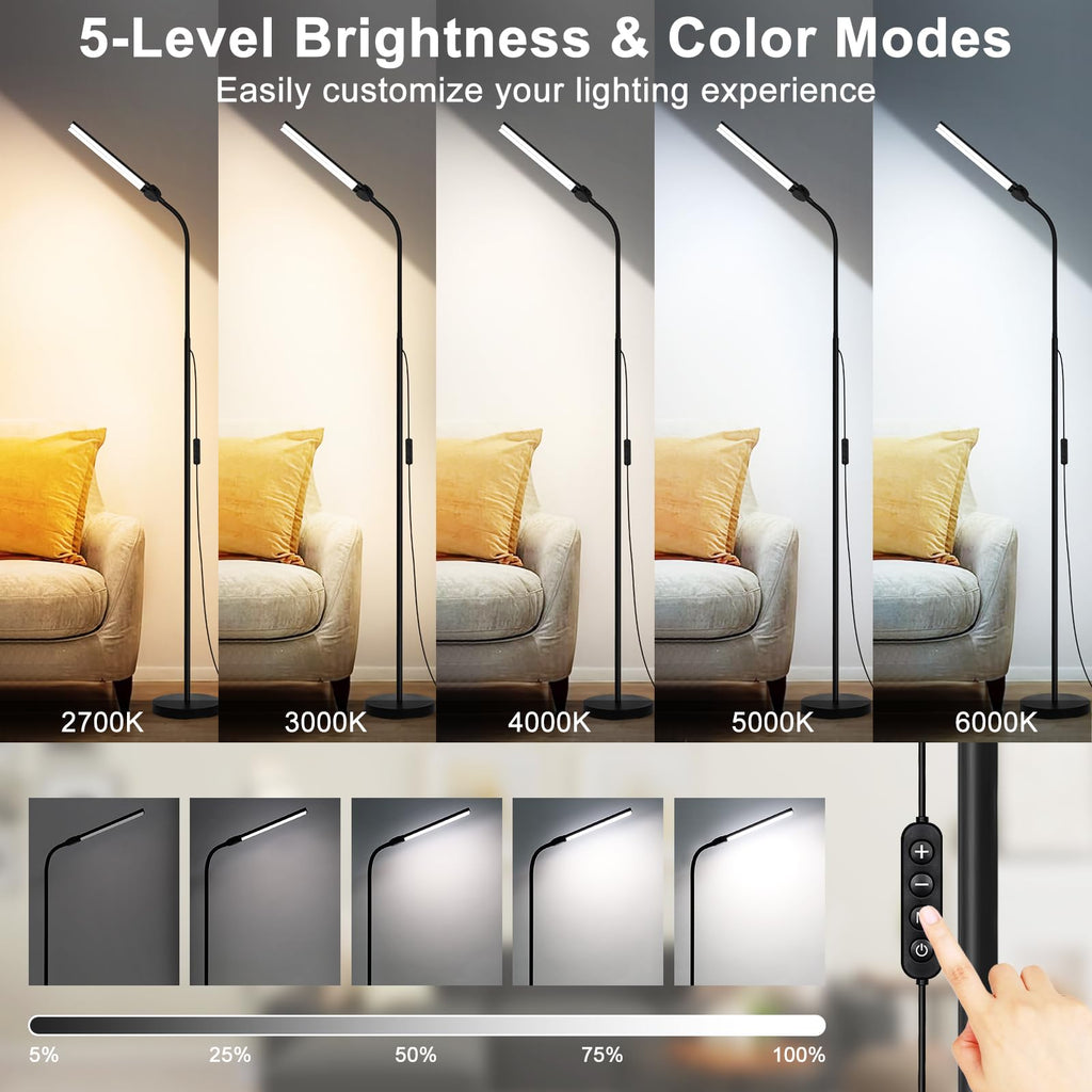 LED Floor Lamp, 18W/2000LM Bright Reading Floor Lamp with Double Head, Adjustable Gooseneck Dimmable Modern Standing
