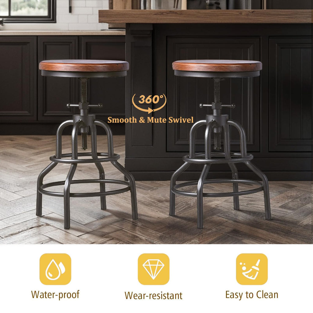 Vintage Industrial Bar Stool-Rustic Swivel Barstools-Round Wood Metal Base-Kitchen Counter Height Adjustable Pipe