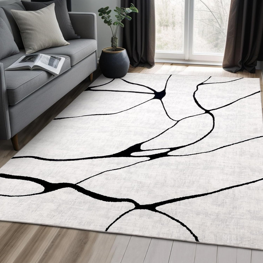 6x9 Abstract Black and White Area 6'x9' - Washable Non-Slip Ultra-Thin Rug, Stain Resistant Low Pile Soft Rug for Living