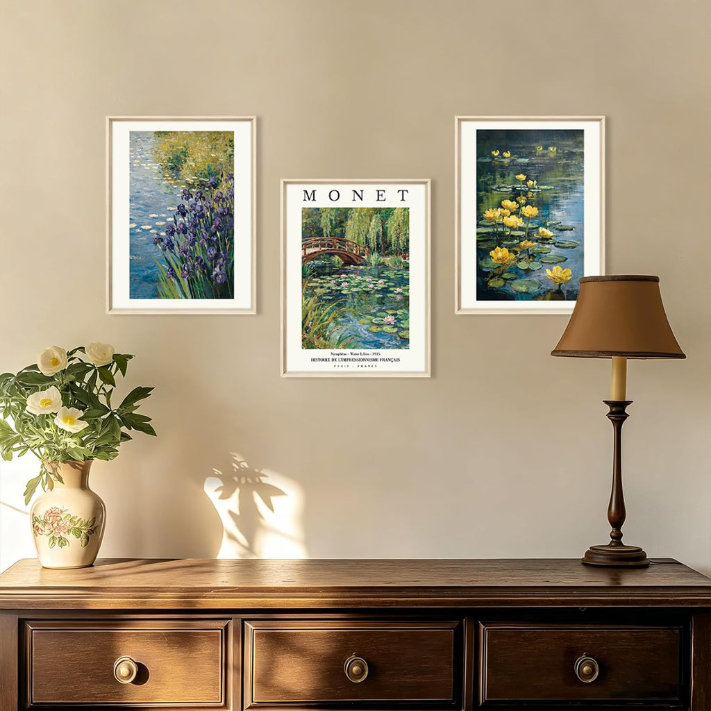 Monet Water Lilies Impressionist Framed Canvas Wall Art Set, Sage Green Monet Pond Watercolor Floral Botanical Wall