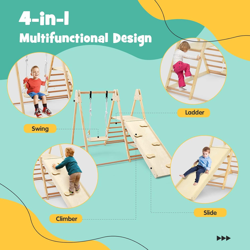 Indoor Jungle Gym 4 in 1 Foldable Toddler Wooden Montessori Baby Climbing Toys with Swing Slide Ramp Ladder for Kids