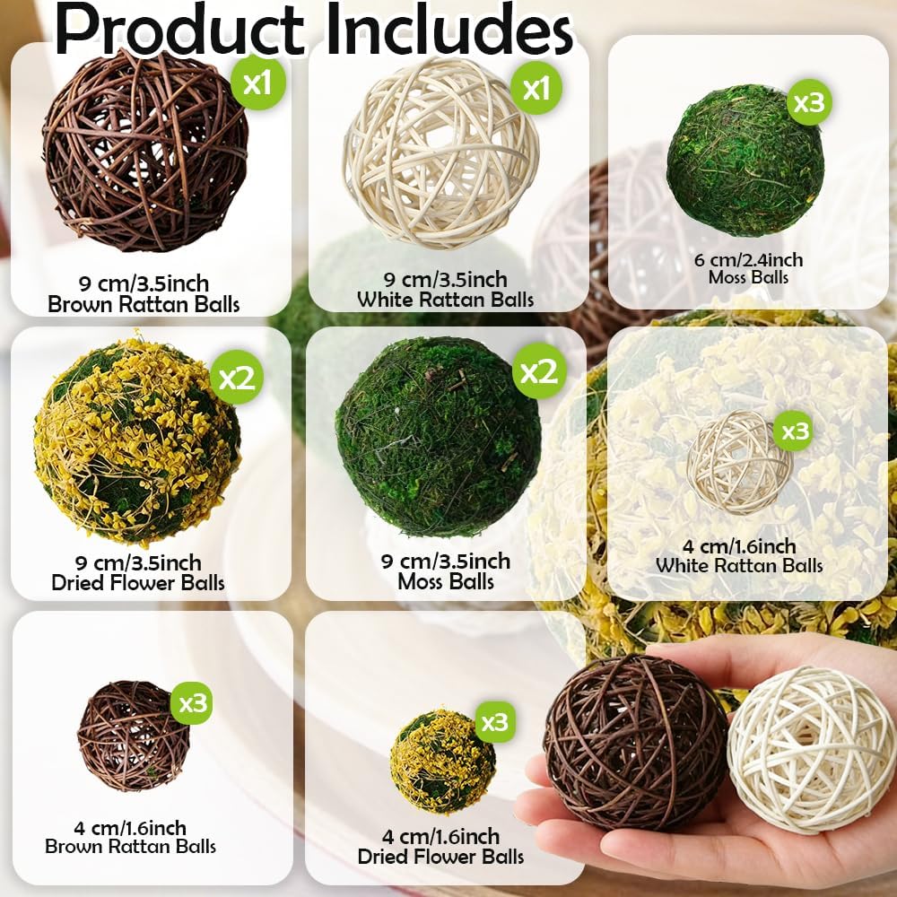 Decorative Balls for Bowls, Mixed Moss Balls, Rattan Wicker Orbs & Dried Floral Sphere Bowl Fillers Decor Table - Set of 18
