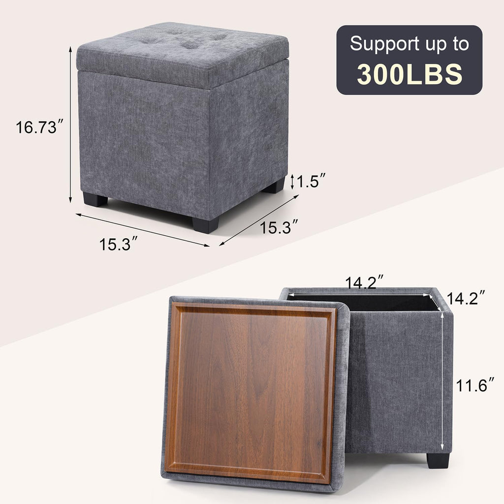15 inch Square Storage Ottoman with Tray Lid, Modern Tufted Fabric Cube Coffee Table with Storage, Upholstered Ottoman