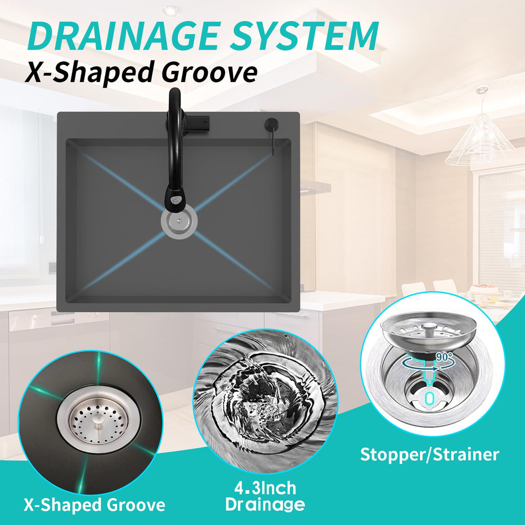 27x22In Black Stainless Steel, Drop-In, Single Bowl