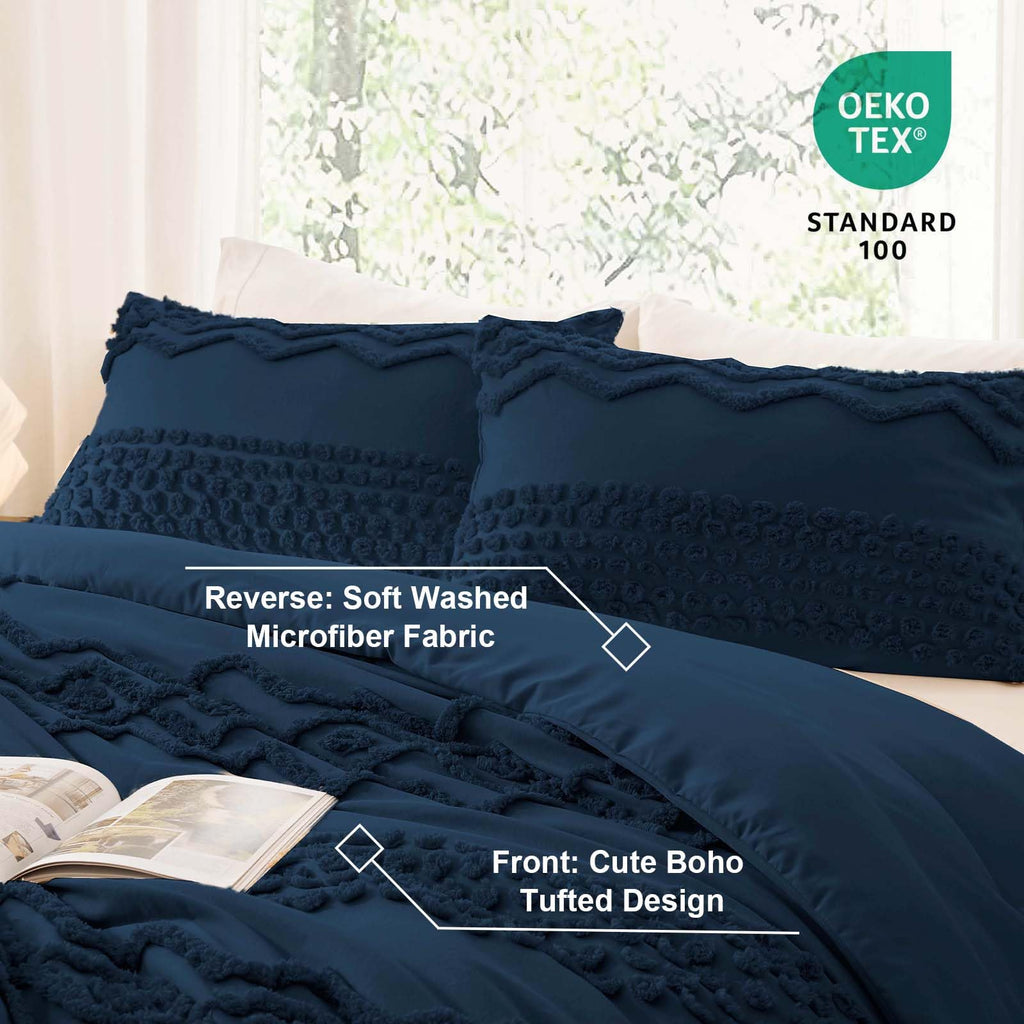 Navy Blue Tufted Comforter Set, 3 Pieces Queen Boho Bedding Set