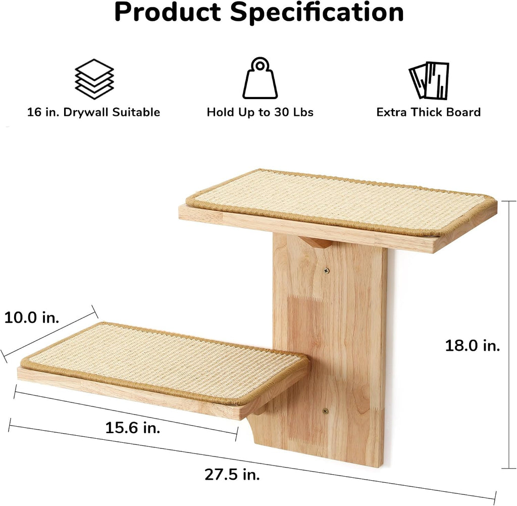 Cat Wall Shelves, 2 Platform Kitten Wall Furniture, Tree Shape Wall-Mounted Floating Shelf with Sisal Mat, Solid