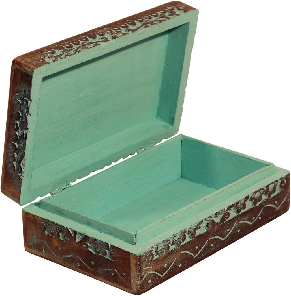 Carved Wooden Box - Decorative Memory Storage Wood Case Single Compartment for Women and Men Jewelry - Vintage