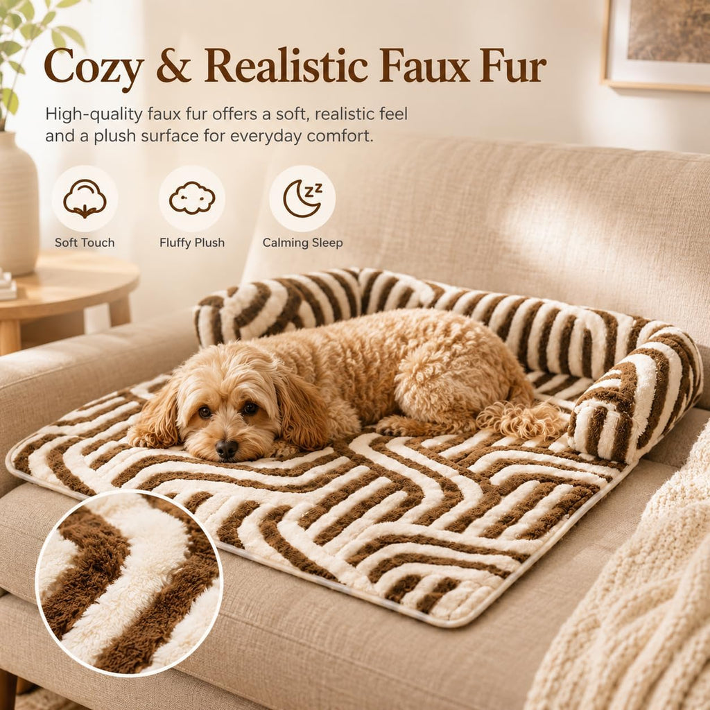 Calming Dog Bed Mats, Couch Bed Mat, Soft Flannel 3-Sided Bolster Pet Sofa Bed Supports Head & Neck, Brown Zebra