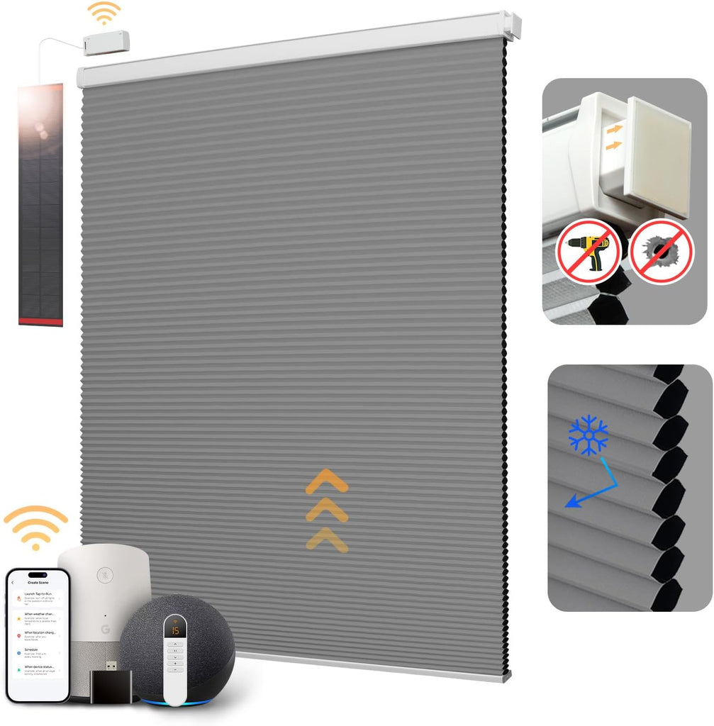 Motorized Cellular Shades with Remote,No Drill Smart Blackout Honeycomb Blinds, Cordless Automatic Electric Window