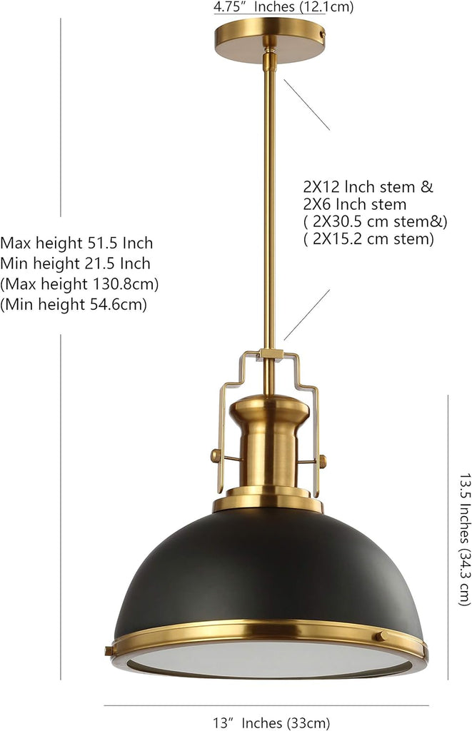 13" Black/Brass Gold Modern Industrial Iron LED Dome Pendant Light, Adjustable Hanging Fixture for Kitchen Island or