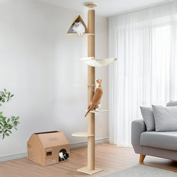 Floor to Ceiling Cat Tree, 6-10 ft, 6 Level, Beige