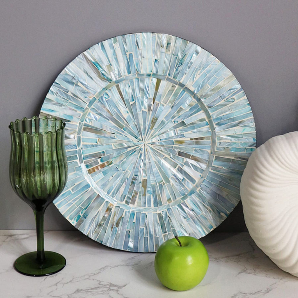 13inch 2 Pack Mother of Pearl Decorative Plates for Display, Sea Shell Inlay Wood Charger Plates for Dining, Party