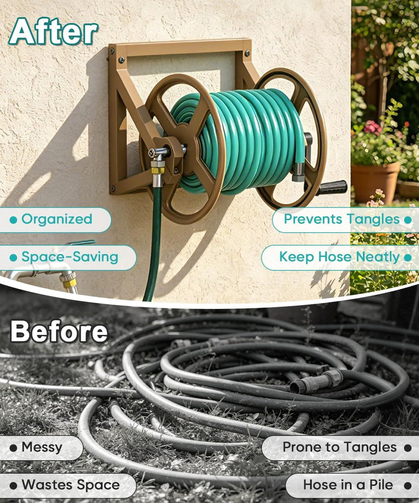 Garden Hose Reel Wall Mounted, Outdoor Heavy Duty Powder Coated Metal Water Hoses Holder Winder Holds 125 ft 5/8"