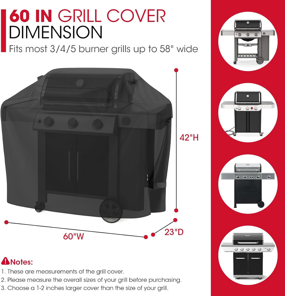 Grill Cover 60 Inch, Heavy Duty Waterproof Gas Grill Cover for Outside, Fade Resistant Outdoor Barbecue Protector