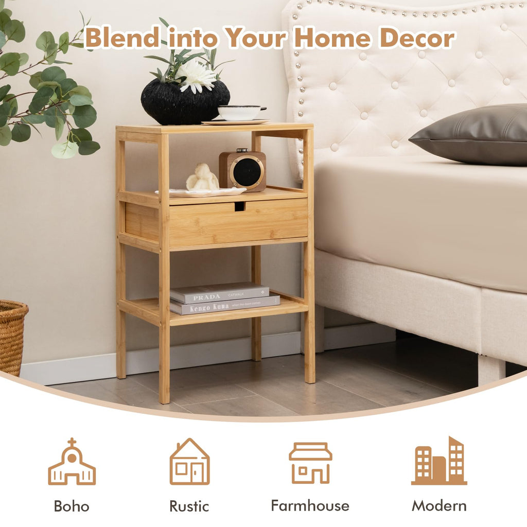 Bamboo Nightstand Set of 2, Wood Side Table with Drawer & Shelf