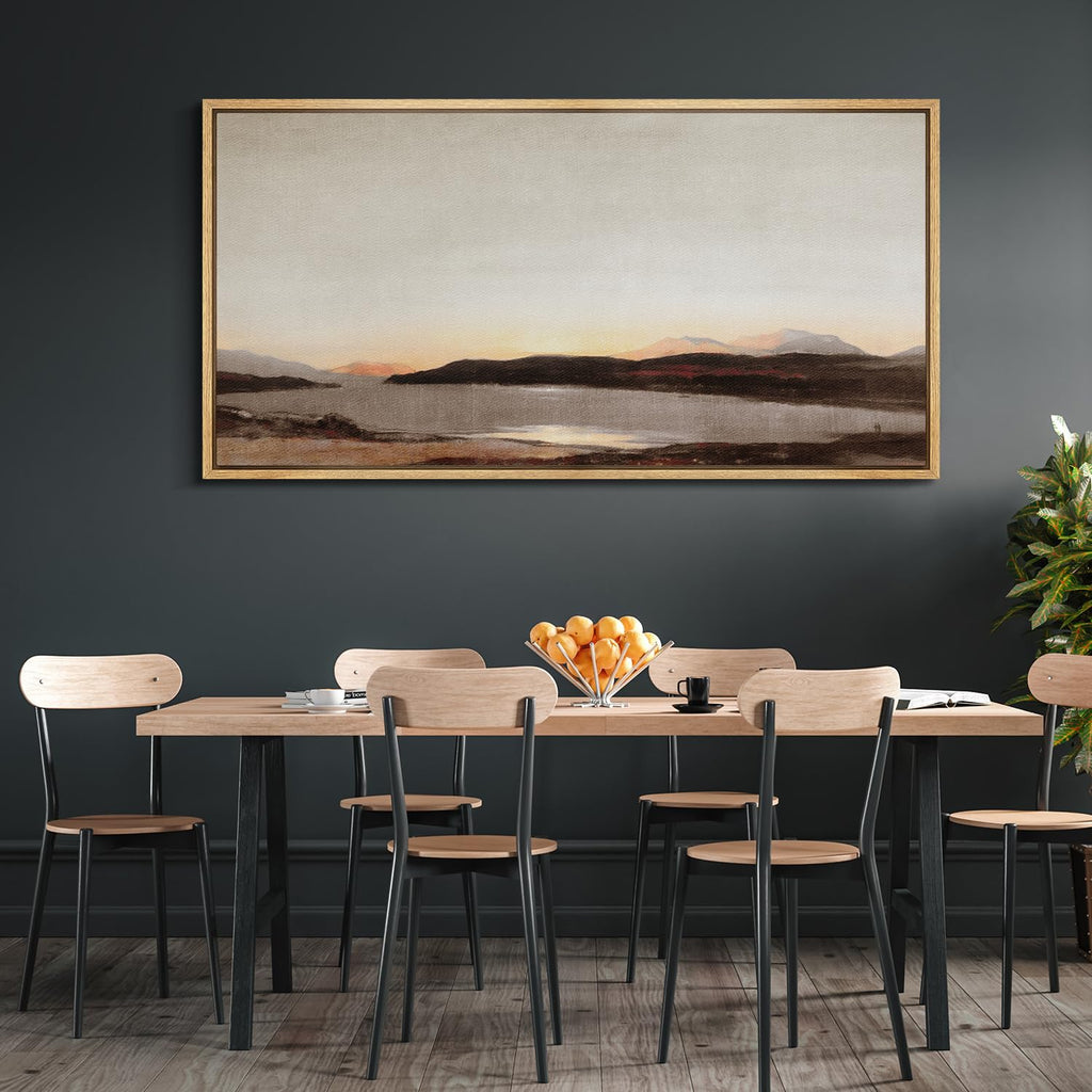 Extra Large Framed Canvas Print Wall Art Tranquil Lake at Sunset Soft Tones Antique Retro Fine Art Illustrations