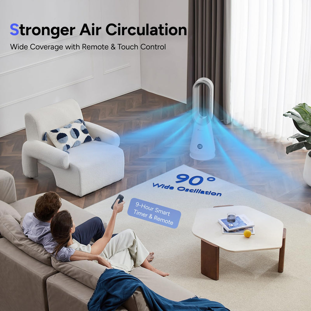 2-in-1 Bladeless Tower Fan, 22 Inch Cooling Fan with Air Purifier, 90° Oscillating, 8 Speeds, Remote, 9H Timer, Quiet