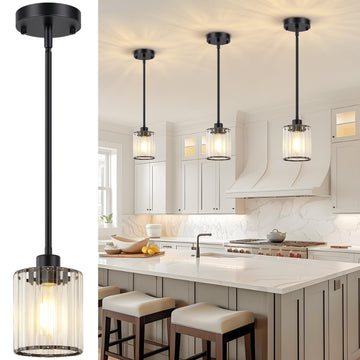3 Pack Pendant Light Fixtures, Modern Black Pendant Lights Kitchen Island, Mini Pendant Lighting with Crystal Shade
