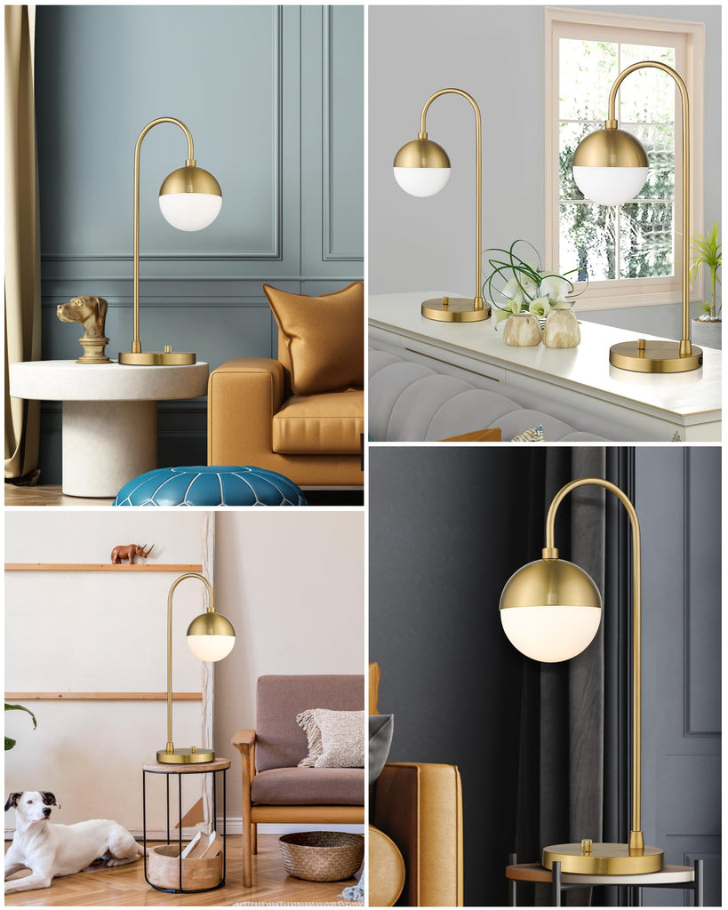 Modern Gold Table Lamp with White Glass Globe, Gold Desk Light Bedside Lamp with Brushed Brass Finished Office