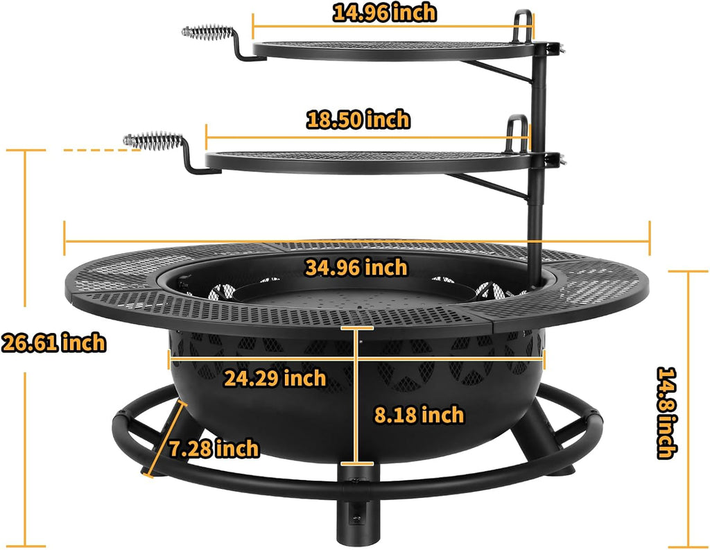 35 Inch Fire Pit with 2 Cooking Grate & Charcoal Pan, Outdoor Wood Burning BBQ Grill Firepit Bowl with Cover Lid, Steel Round Table for Backyard - Image 7