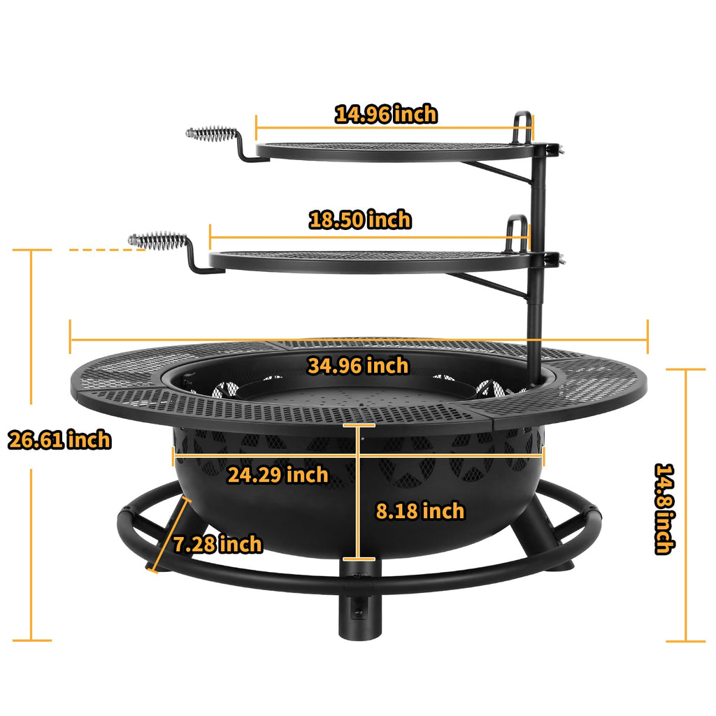 35 Inch Fire Pit with 2 Cooking Grate & Charcoal Pan, Outdoor Wood Burning BBQ Grill Firepit Bowl with Cover Lid