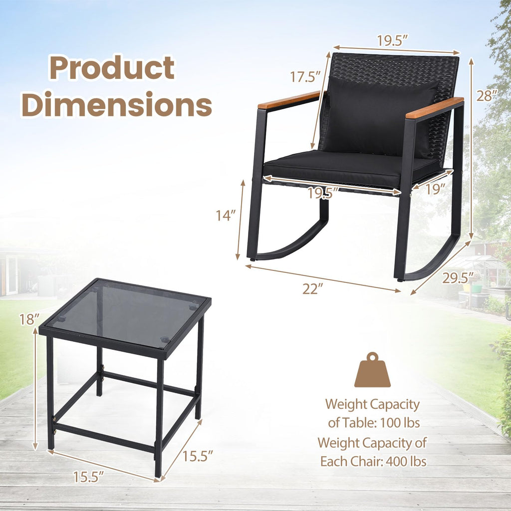 3-Piece Outdoor Rocking Chair Set, Black Cushion & Natural Armrest