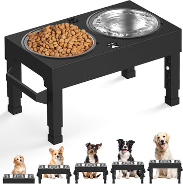 Elevated Dog Bowls, 4 Height Adjustable Raised Bowl Stand with 2 Stainless Steel 7" Food Feeder Bowls for Small