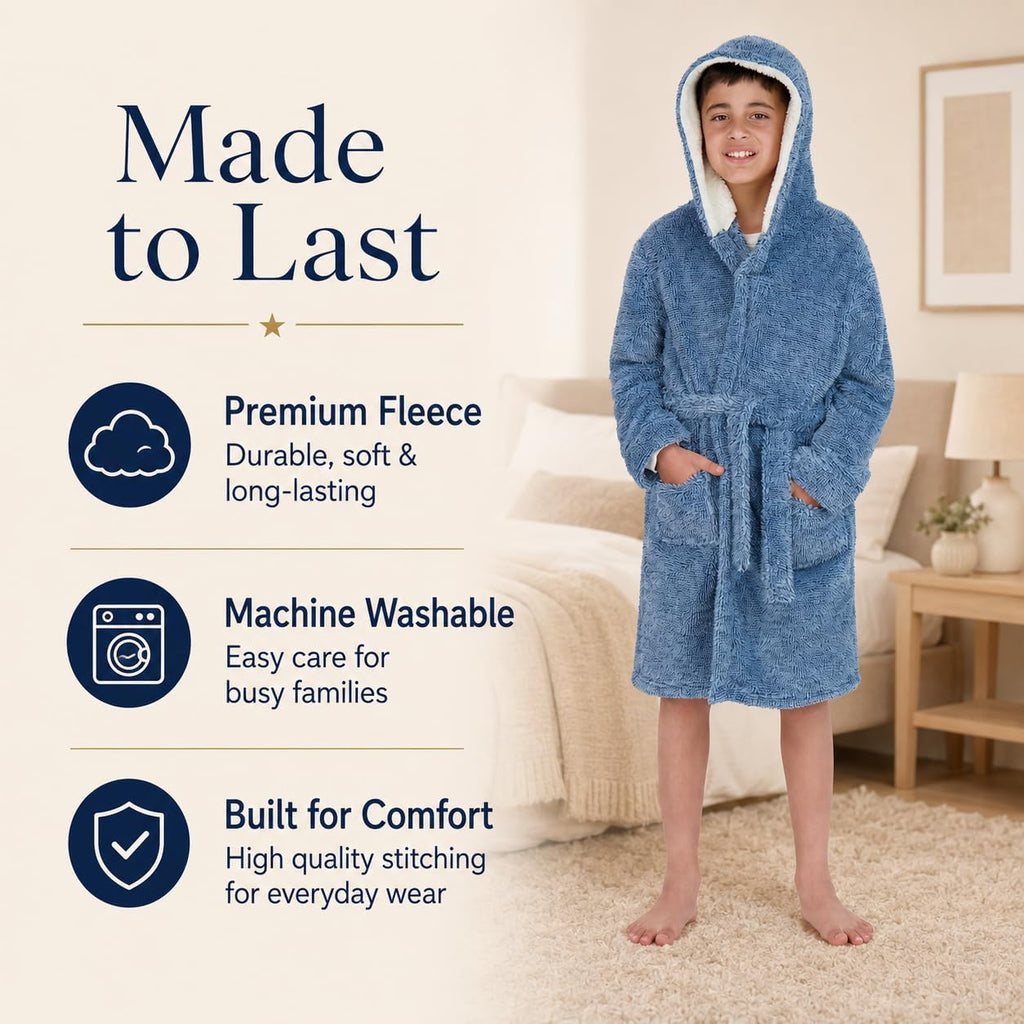 Hooded Plush Robe For Boys- Fluffy Winter PJ Robe With Pockets, Hoodie & Belt- Boys And Teens' Ultra-Soft Bathrobe