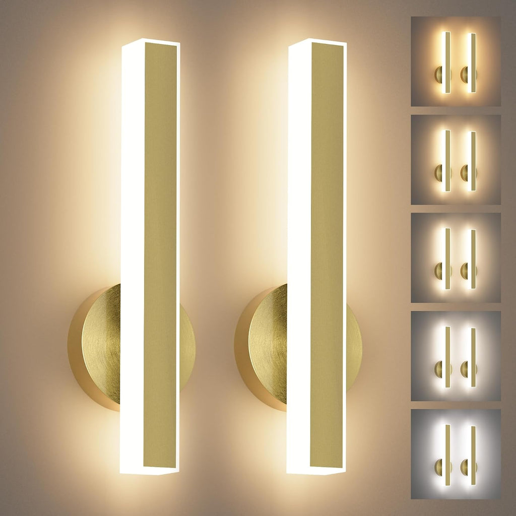 Gold Wall Sconce Hardwired Modern LED 18W Wall Sconce Set of Two, 15.7Inches Wall Lights for Living Room Bedroom