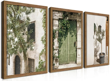 Wood Framed Vintage Italy Wall, Olive Green City Landscape Canvas Wall Decor Paintings, Large Modern Minimalist