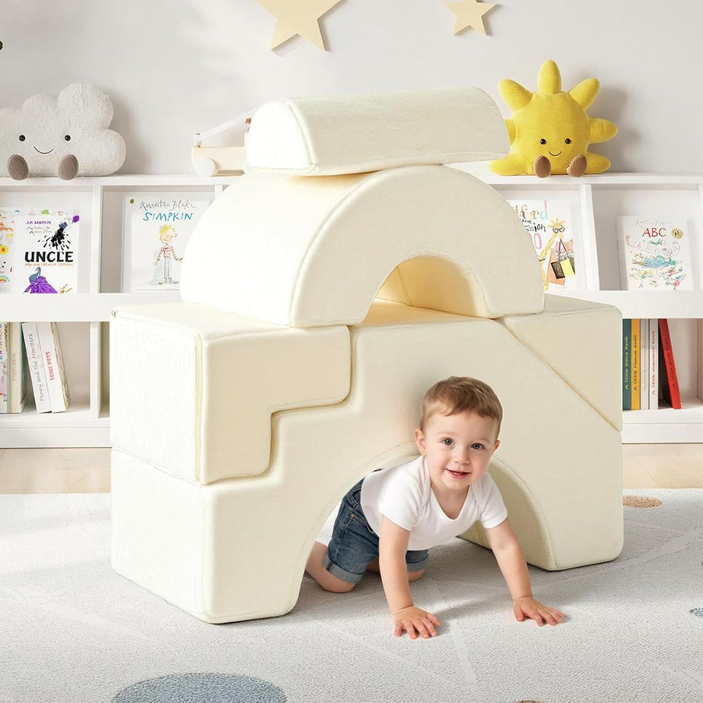 Kids Climbing Sofa with Slide & Stair, Foam Couch, Beige
