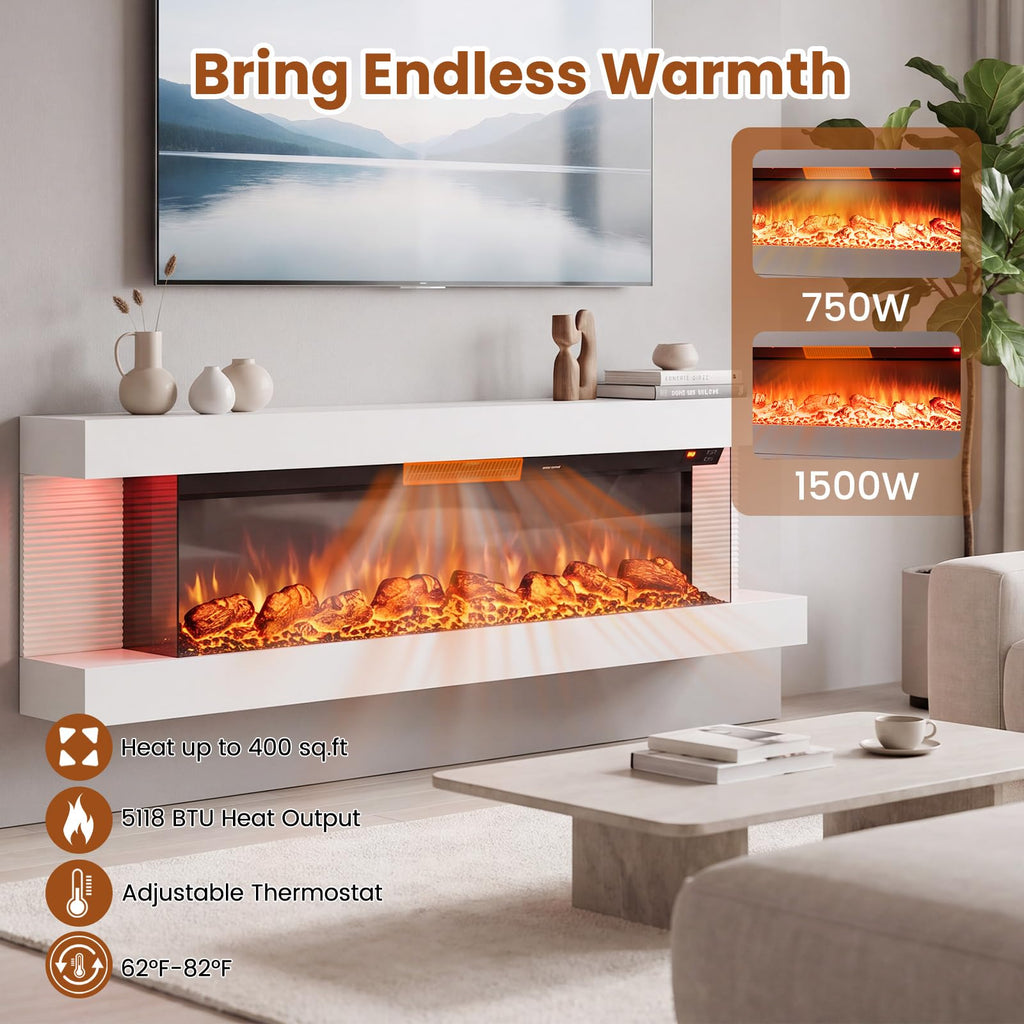 3 Sided Wall Mount Electric Fireplace w/ 60" Floating Mantel, White