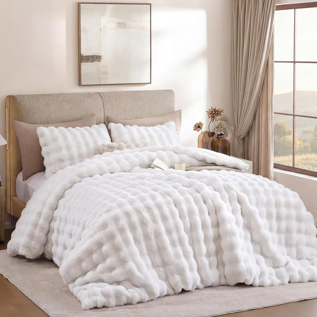 King Faux Fur Soft Comforter Set, Fluffy White Rabbit Fur Comforter | Warm Thick King Size Bedding Set,Super Fluffy