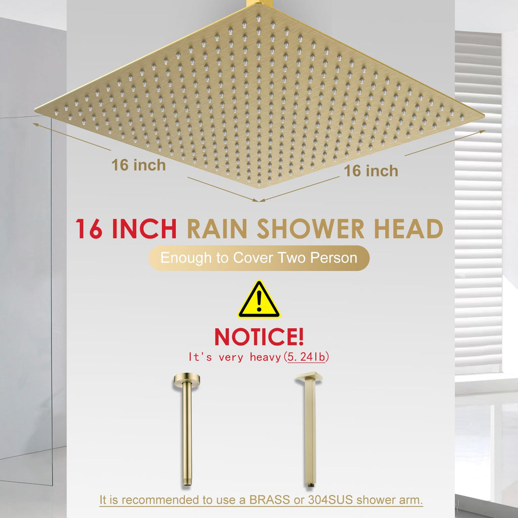 16 inch Brushed Gold Large Rain Shower Head Ceiling Mount - All Metal 304 Stainless Steel, Full Body Rainfall Shower