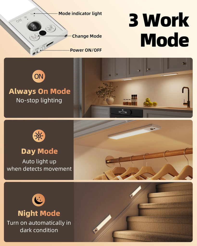 10inch Under Cabinet Lighting, 2 Pack 2400mAh Rechargeable Wireless Motion Sensor Lights Indoor, 3 Color Temps