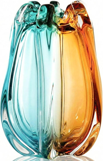 Hand Blown Art Glass Vase for Decor,Heavy Large Wide Mouth Flower Vase,Art Deco Murano Style Teal Amber Living Room