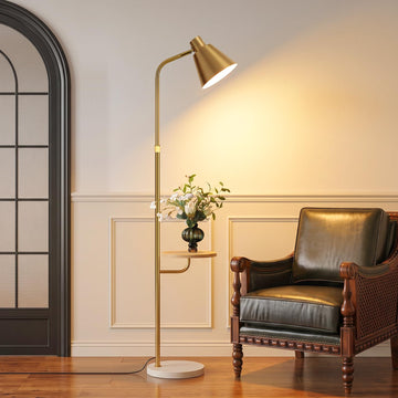 Gold Brushed Floor Lamp with Side Table Bedroom, Modern Standing Lamp 12W LED 3-Color Dimmable 3000K/4500K/6500K