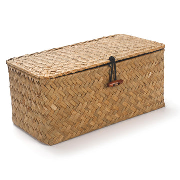 Rectangular Handwoven Seagrass Small Storage Basket with Lid for Shelves and Home Organizer Bins, S