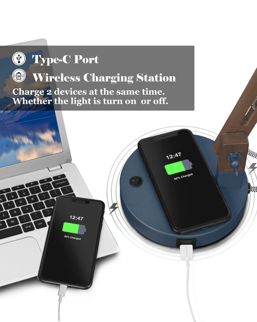 Sapele Wood Desk Lamp with Upgraded Wireless Charger, Swing Arm Table Lamp with USB C Charging Port, Reading Task