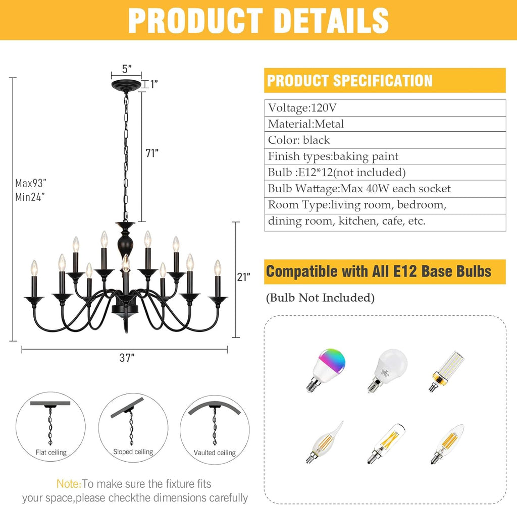 Black Farmhouse Chandeliers for Dining Room Light Fixtures Over Table, 12 Light Industrial Candle Hanging Chandeliers for Living Room Kitchen Island Foyer Staircase A109-B0DS29K2PD